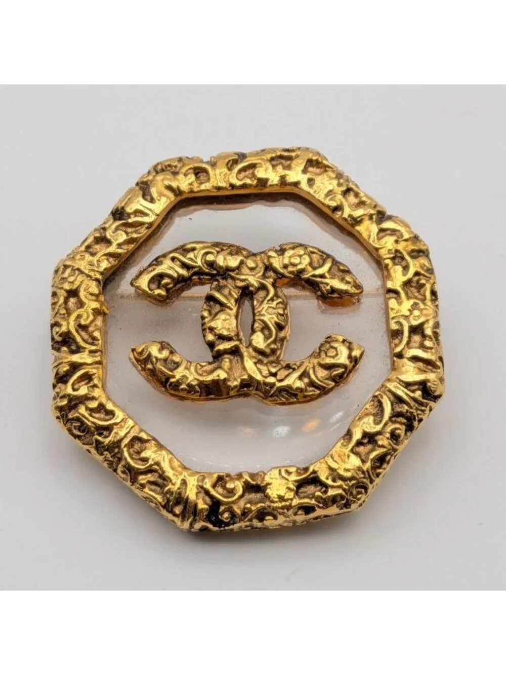 Chanel Brooch CC Logo Lava Gold Clear Vintage